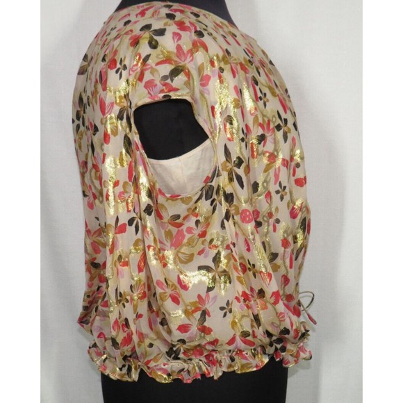Diane Von Furstenberg Silk Blouse Cream Gold Pink Floral Drawstring, Size 12 - Picture 5 of 13